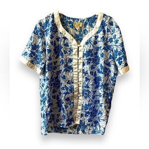 Victoria’s Secret Gold Label Pajama Top Sz S-M Blue White Floral Print Vintage